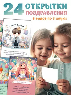 Мини открытки с пожеланиями на День рождения детские набор